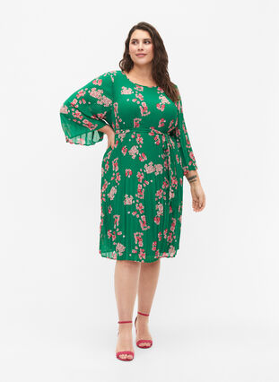 Bedrukte geplooide jurk met bindband, Jolly Green Flower, Model image number 2