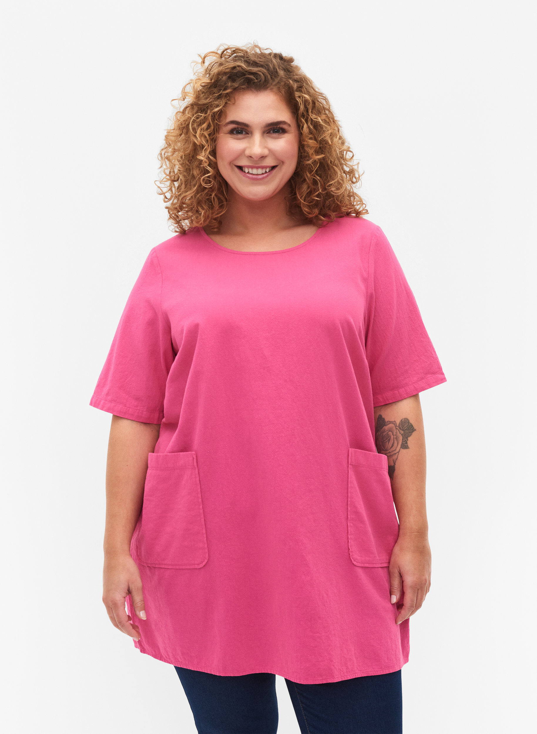 Zizzi FLASH - Tuniek met korte mouwen in katoen, Raspberry Rose, Model image number 0