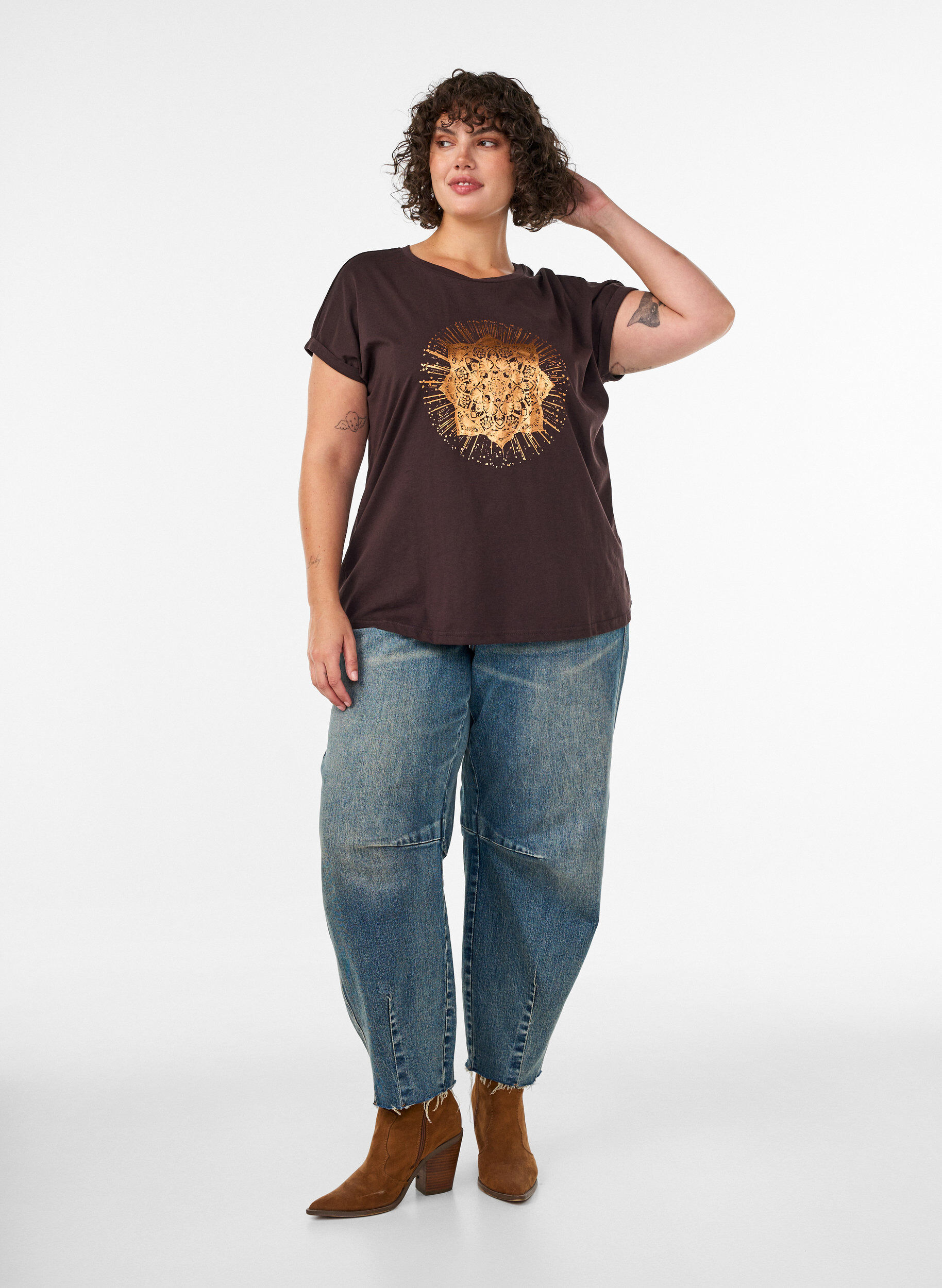 ZizziT-shirt met decoratieve print aan de voorkant, Bruin, Model image number 1
