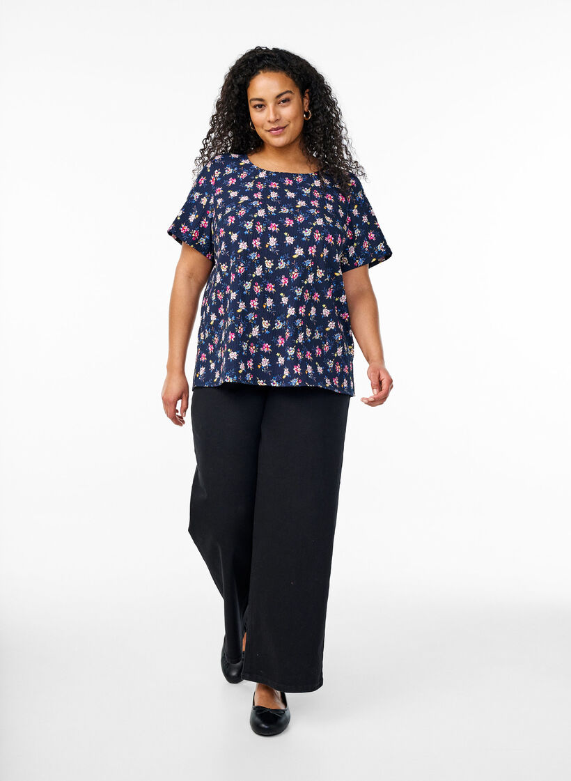 Blouse met korte mouwen en textuur, Blauw, Model image number 1