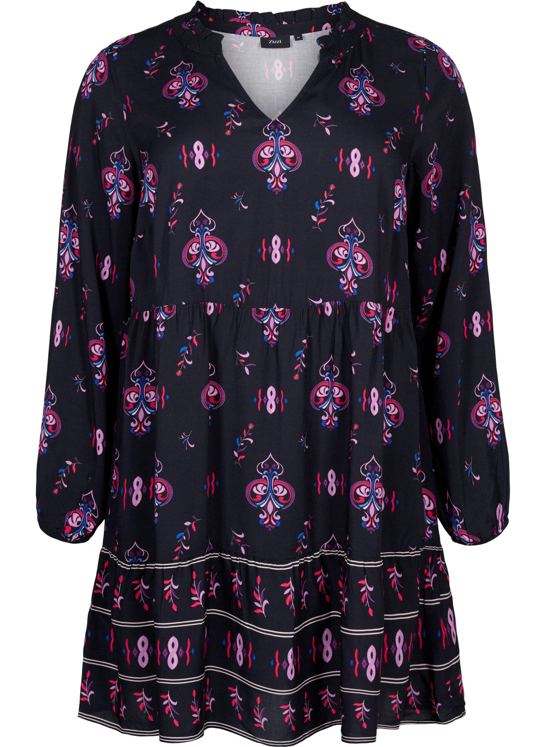 Zizzi Viscose jurk met lange mouwen en print, Black Pink AOP, Packshot image number 0