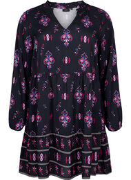 Viscose jurk met lange mouwen en print, Black Pink AOP