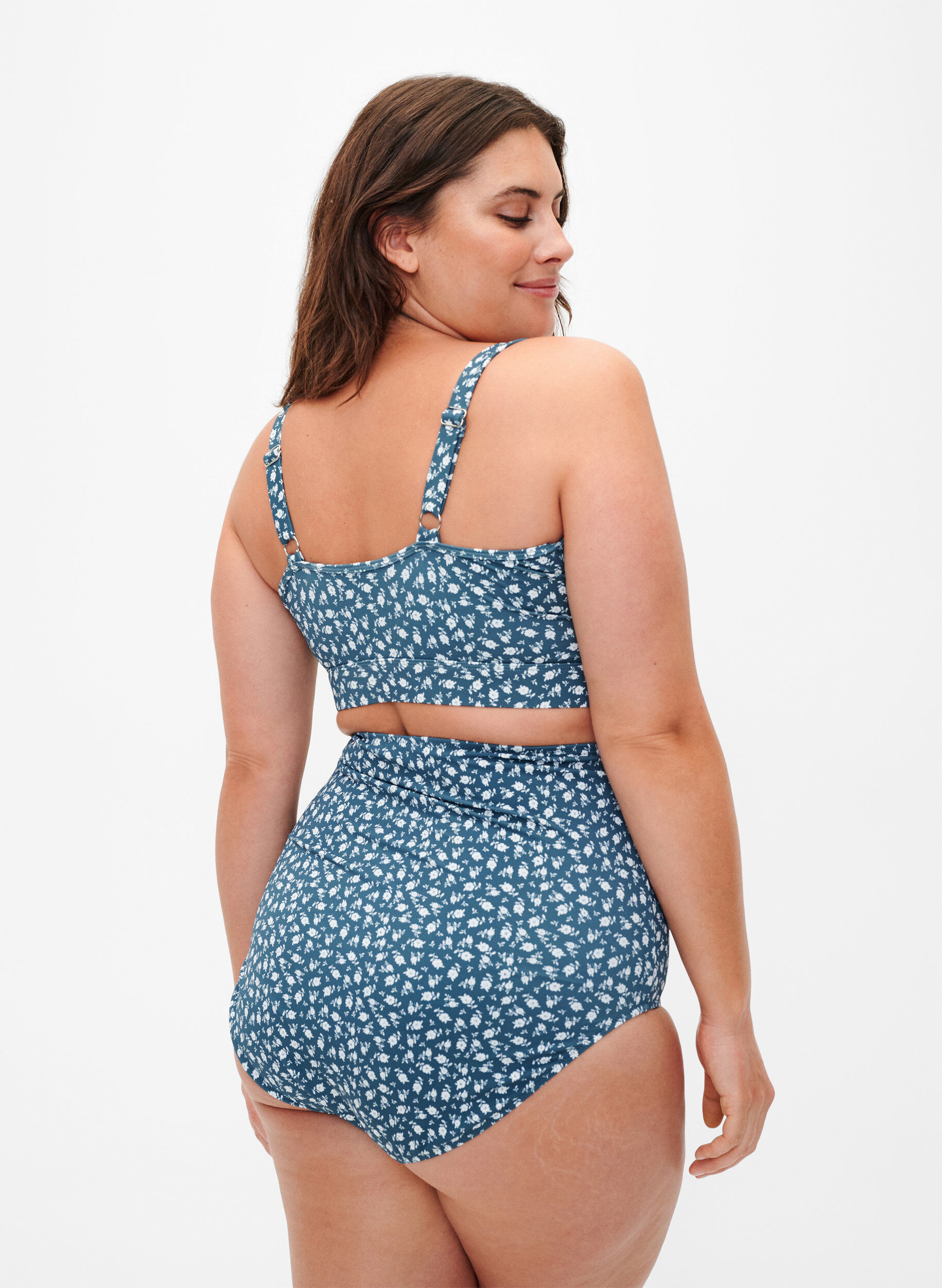 Zizzi Gebloemde bikinibeha met ruches, Blauw, Model image number 1