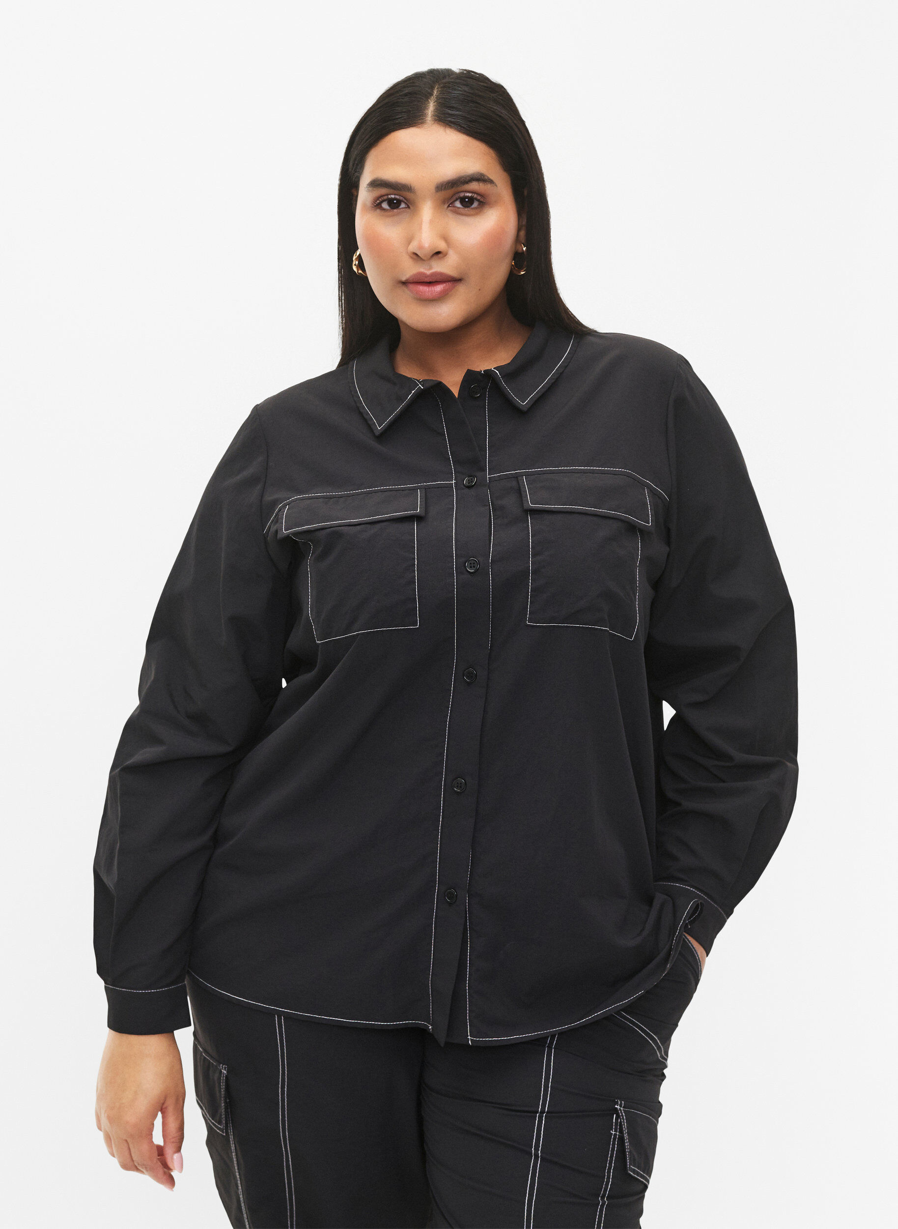 Zizzi Shirt met contrasterende stiksels, Black, Model image number 0