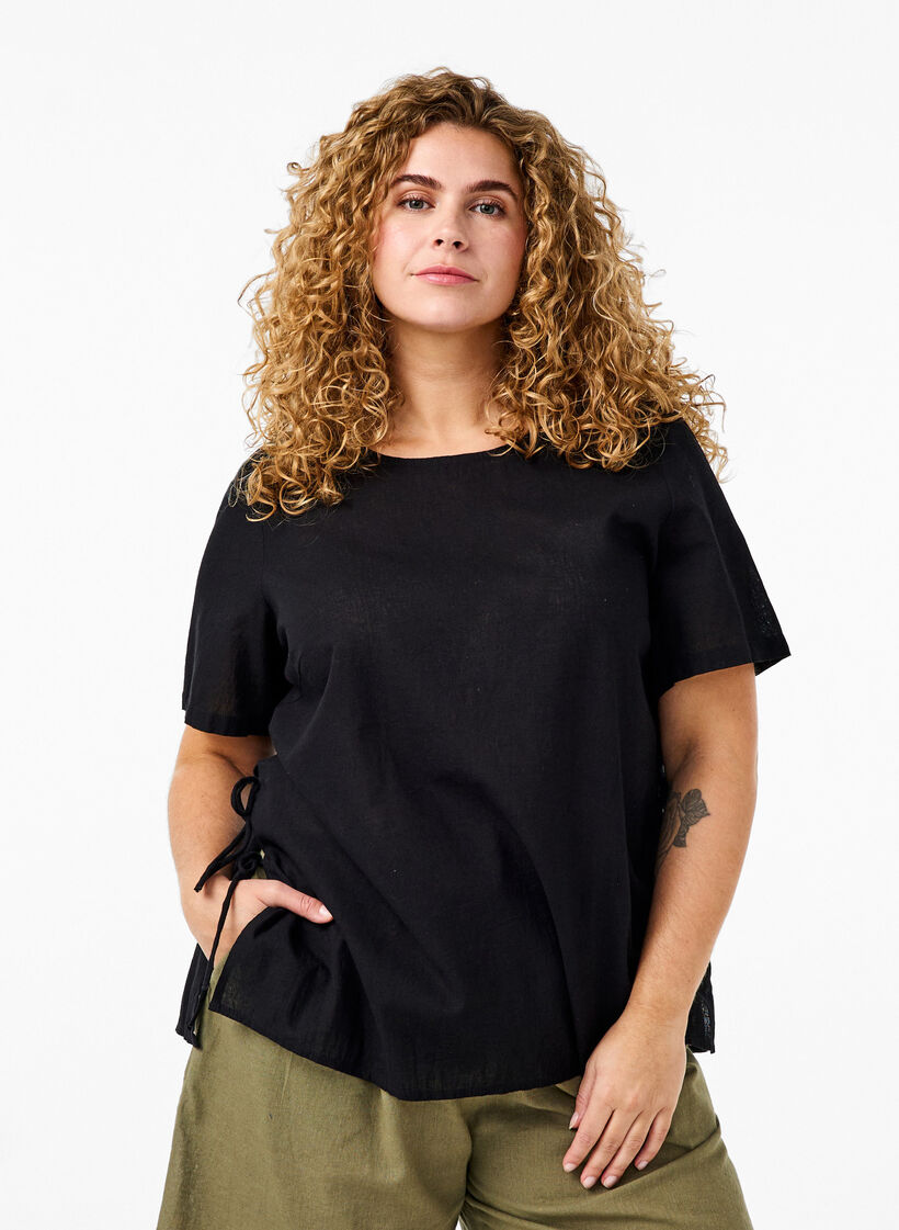 Blouse met korte mouwen van katoenmix met linnen en kanten details, Black, Model image number 0
