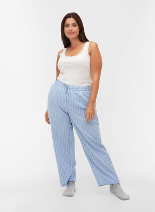 Losse katoenen pyjama broek met strepen, Chambray Blue Stripe, Model image number 0