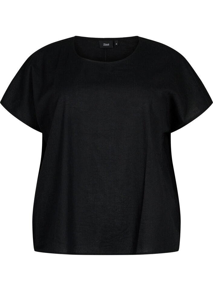 Katoenen blouse met korte mouwen van katoenmix met linnen, Black, Packshot image number 0