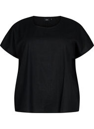 Katoenen blouse met korte mouwen van katoenmix met linnen, Black