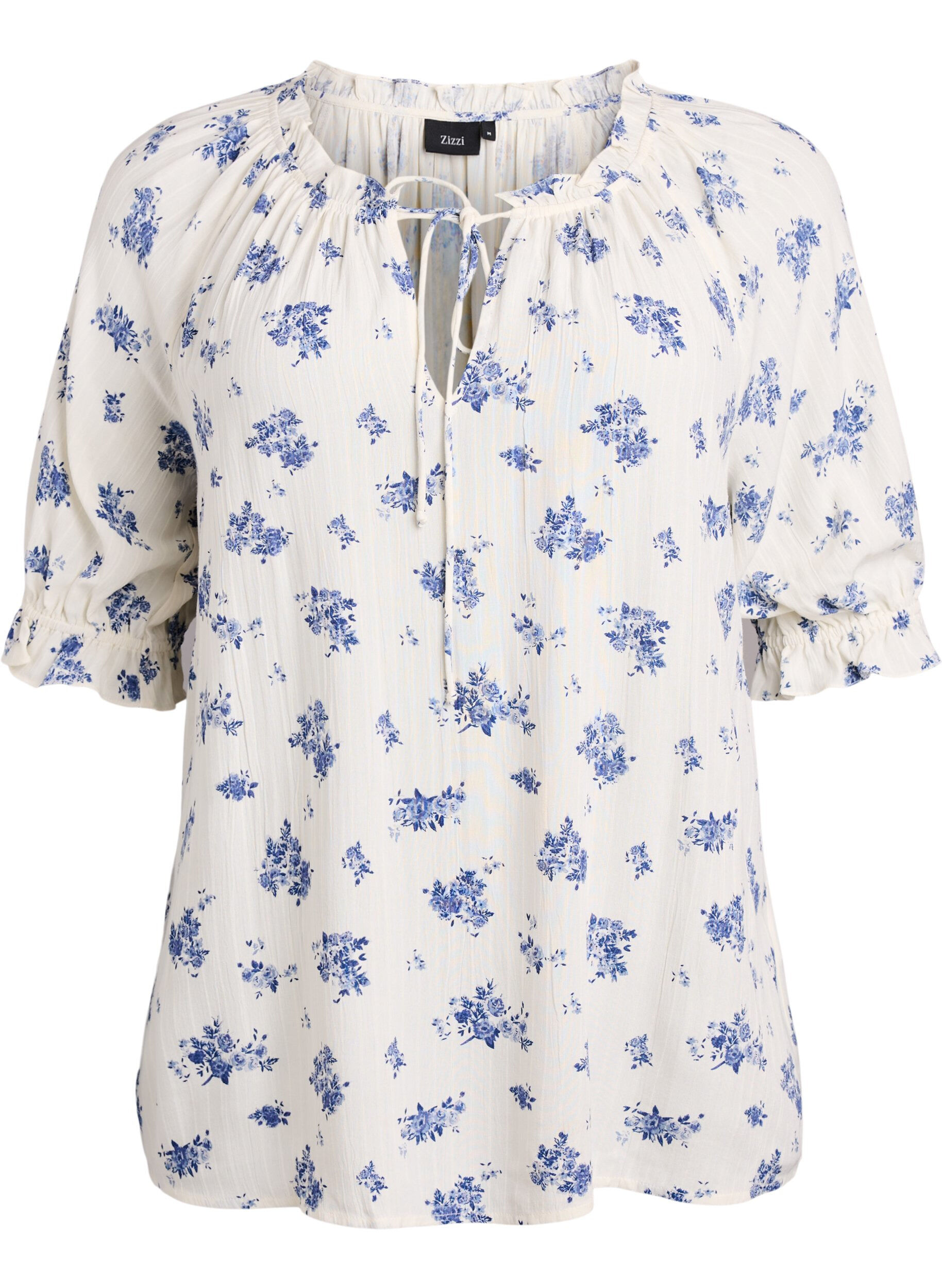 Zizzi Gebloemde viscose blouse met halflange mouwen, Wit, Packshot image number 0