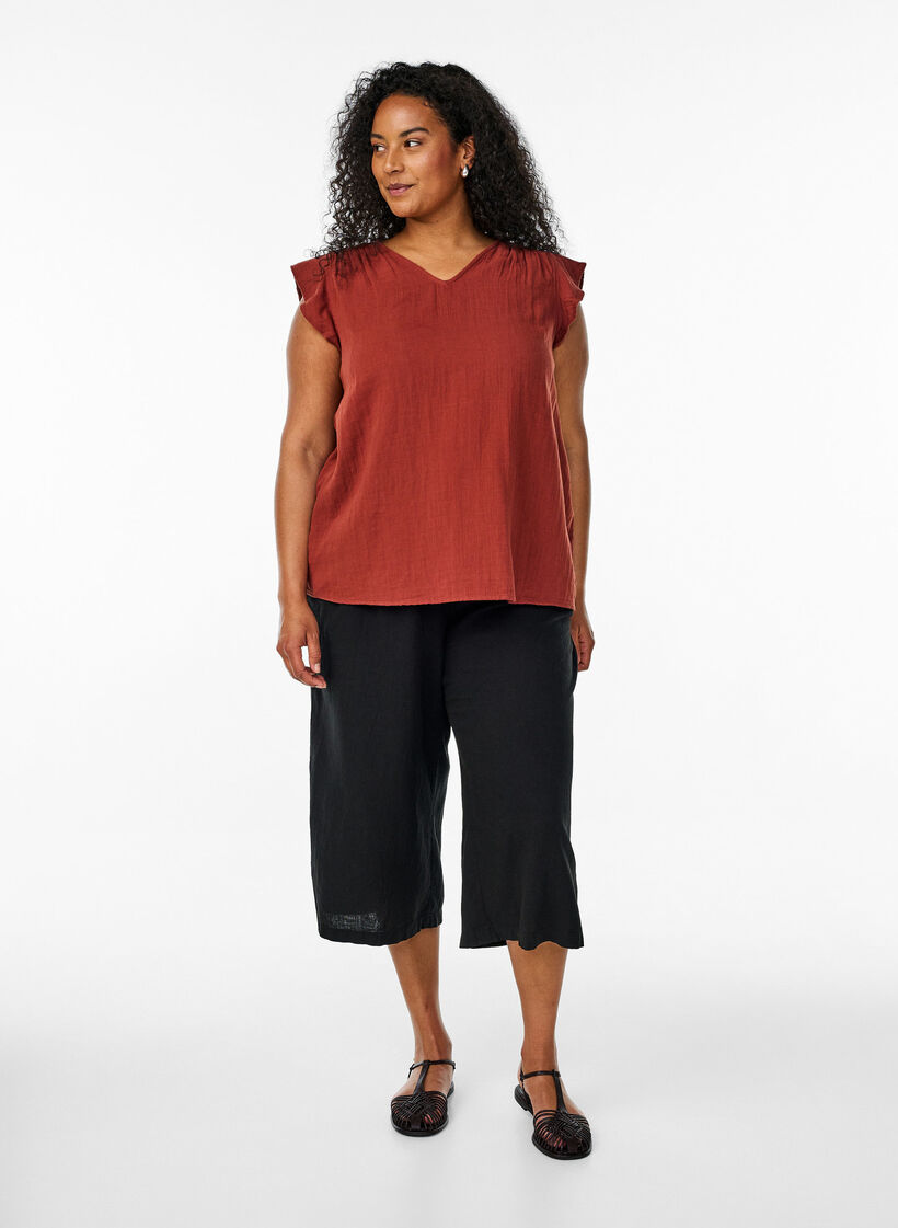 Mouwloze top van katoenen mousseline met ruches, Rood, Model image number 1