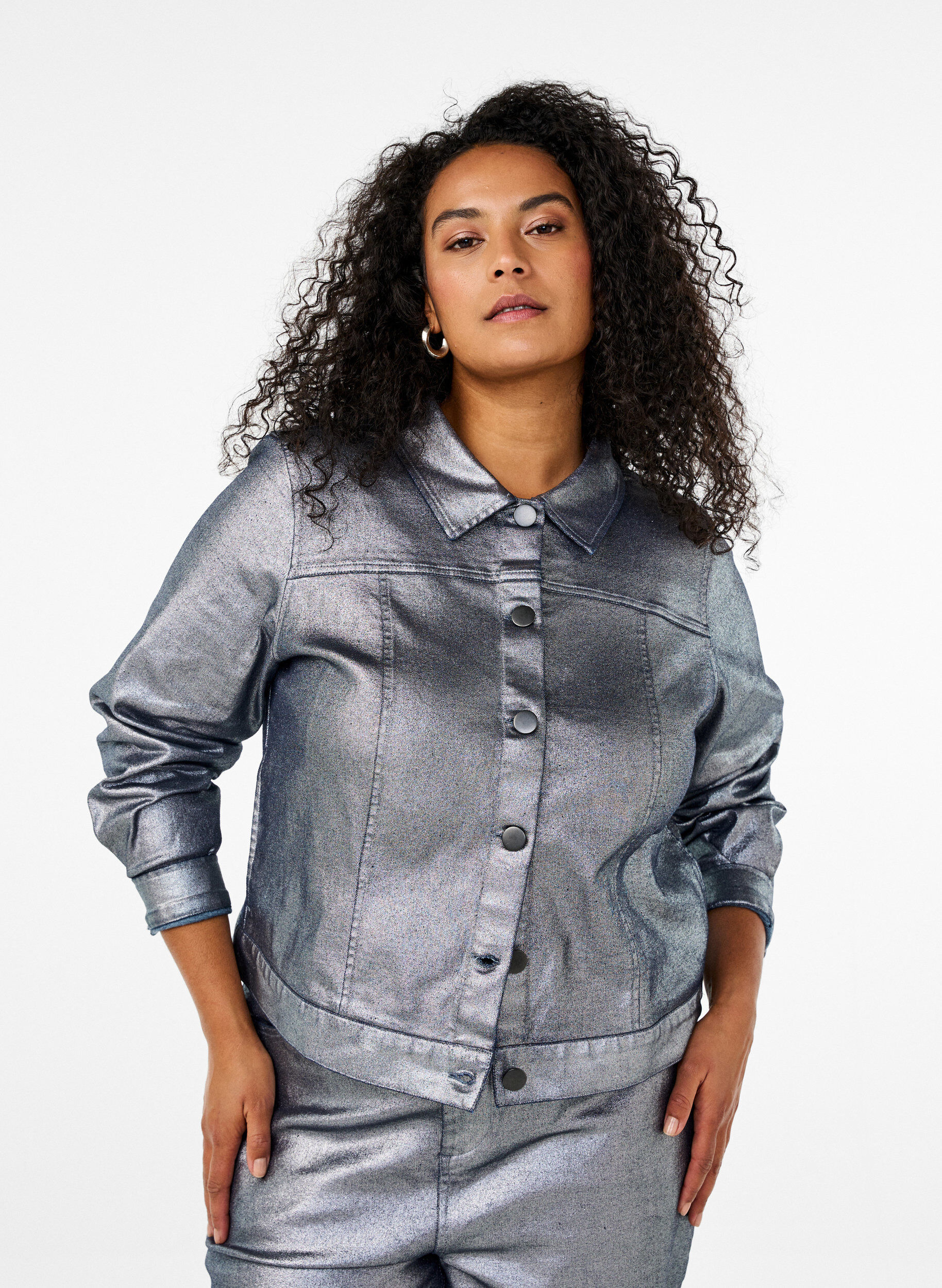 Zizzi Zilvergelaagde denimjack, Gun Silver, Model image number 0