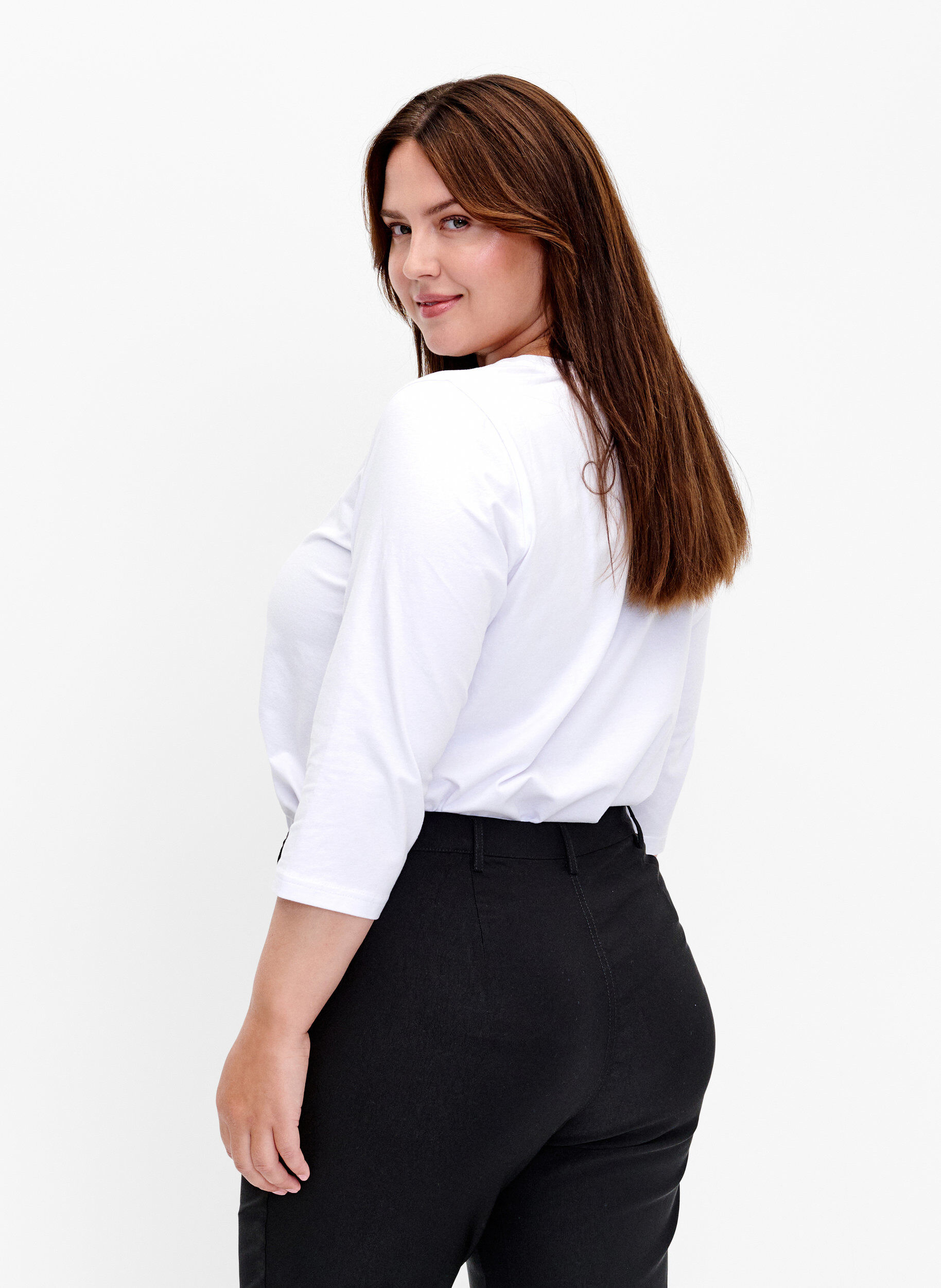 Zizzi Basic katoenen t-shirt met 3/4 mouwen, Wit, Model image number 2