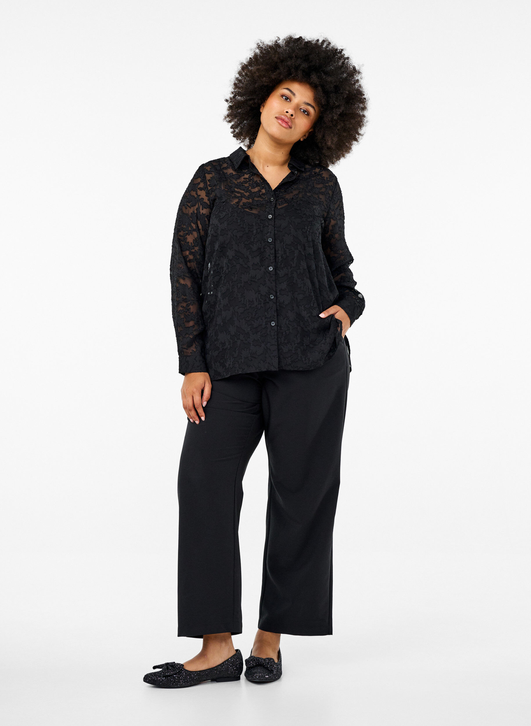 Zizzi Jacquard overhemd met knopen, Black, Model image number 3