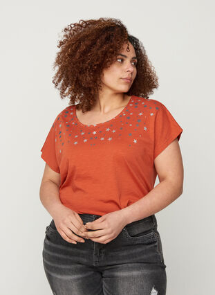 Katoenen t-shirt met korte mouwen en sterretjes, Burnt Brick STARS, Model image number 0