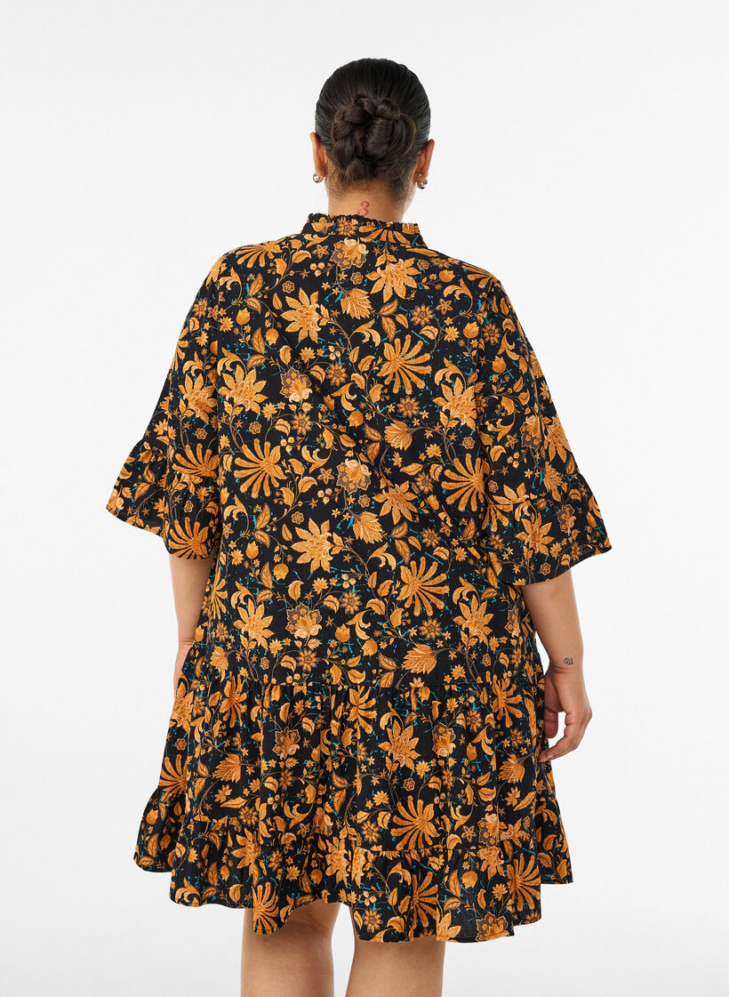 Katoenen bloemenjurk met ruchedetails en een losse A-lijn vorm, Oranje, Model image number 2