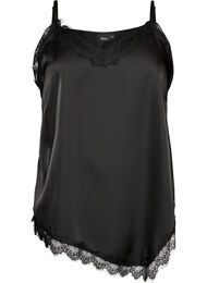 Satijnen top met kanten afwerking en asymmetrische zoom, Zwart