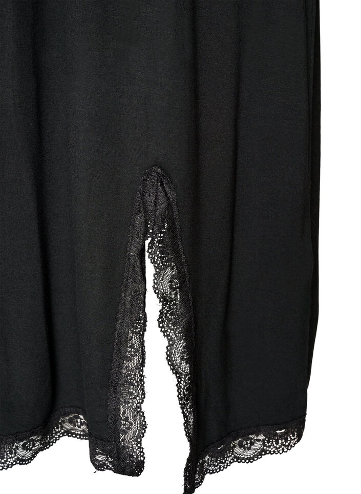 Viscose nachthemd met kant en splitten, Zwart, Packshot image number 3