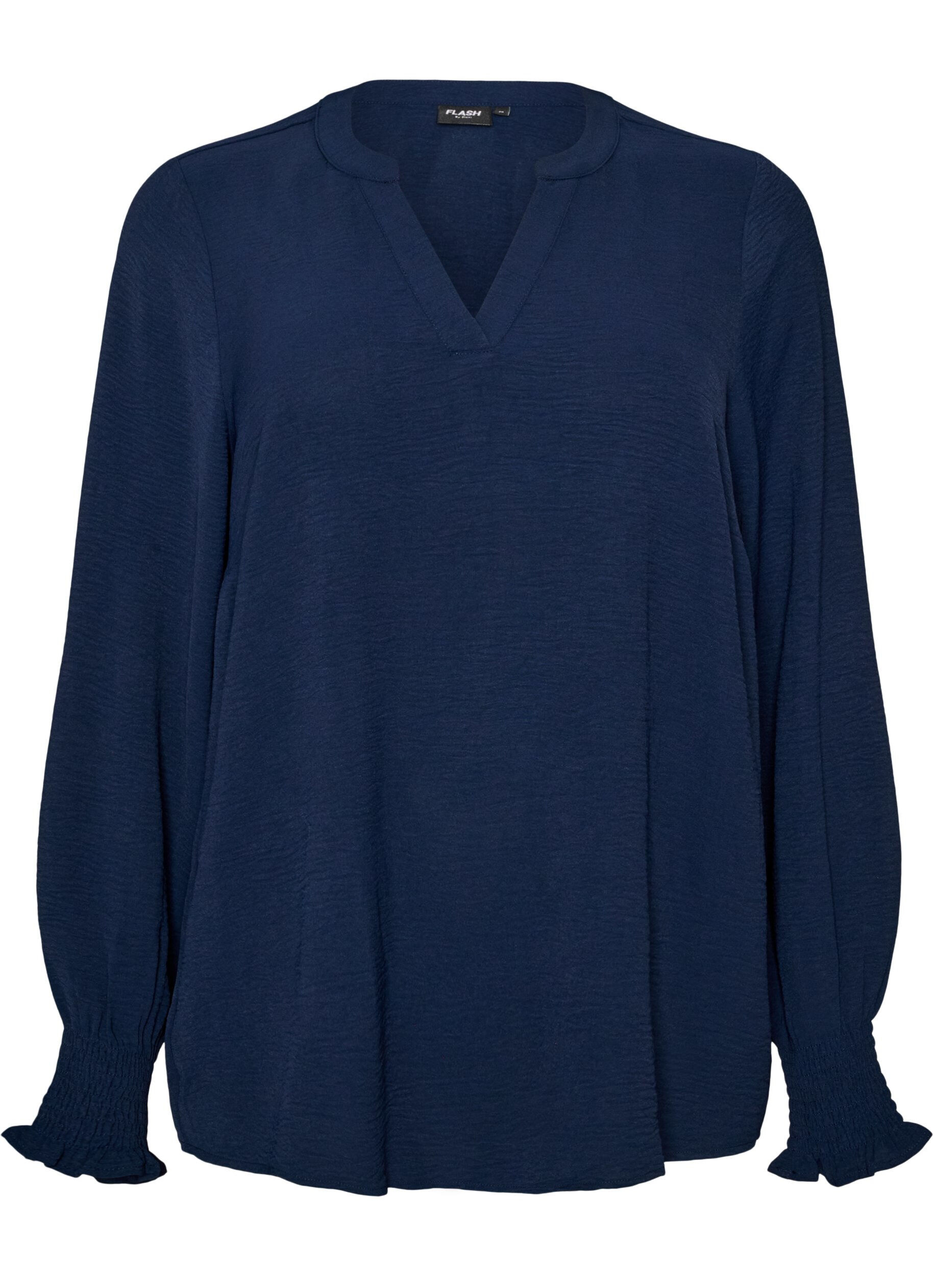 ZizziBlouse met smockmanchetten en V-hals, Blauw, Packshot image number 0