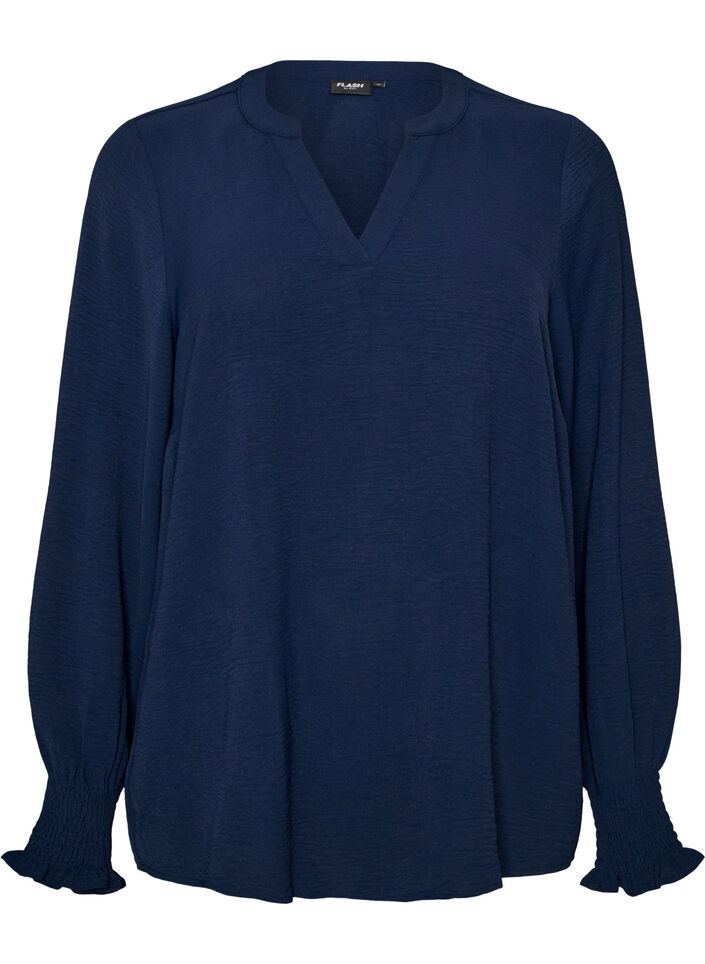 Blouse met smockmanchetten en V-hals, Blauw, Packshot image number 0