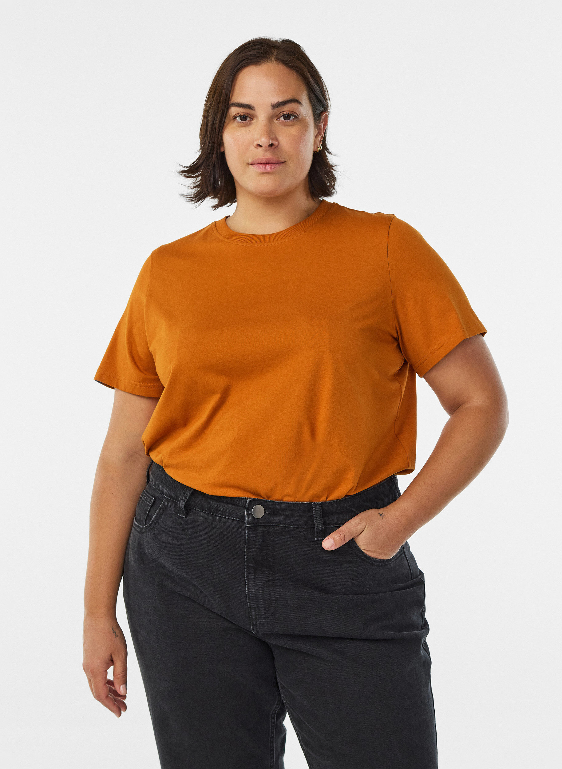 Basic katoenen T-shirt met ronde hals, Oranje, Model