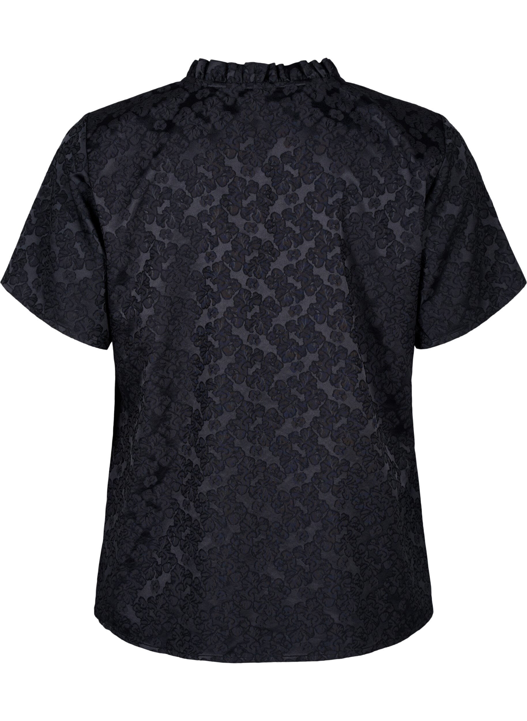 Zizzi Jacquard blouse met korte mouwen en strikjes, Zwart, Packshot image number 1