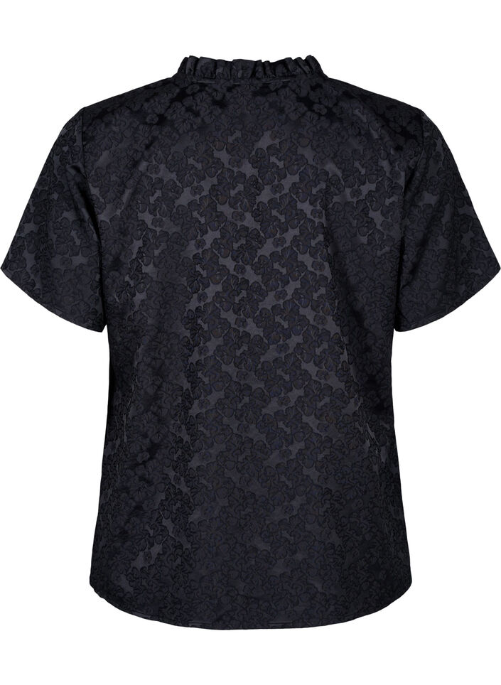 Jacquard blouse met korte mouwen en strikjes, Zwart, Packshot image number 1