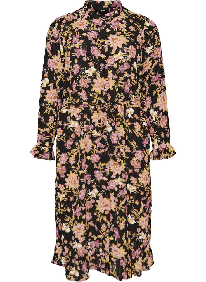 Midi-jurk met bloemenprint en afneembare strikceintuur, Zwart, Packshot image number 0