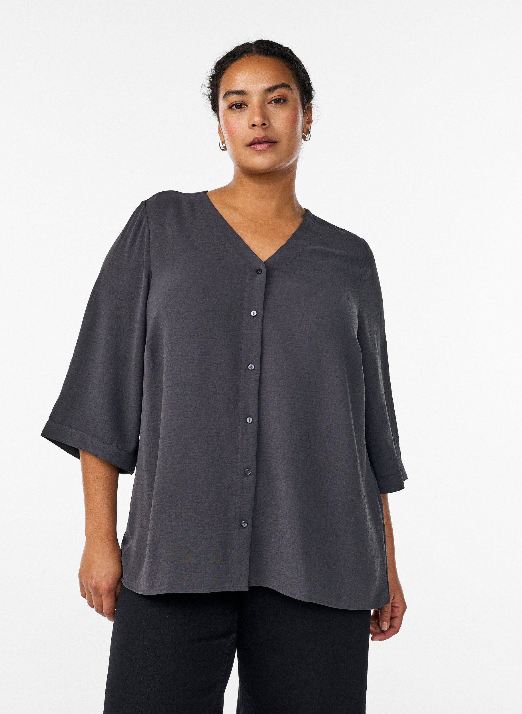 Shirtblouse met V-hals en 3/4 mouwen, Grijs, Model