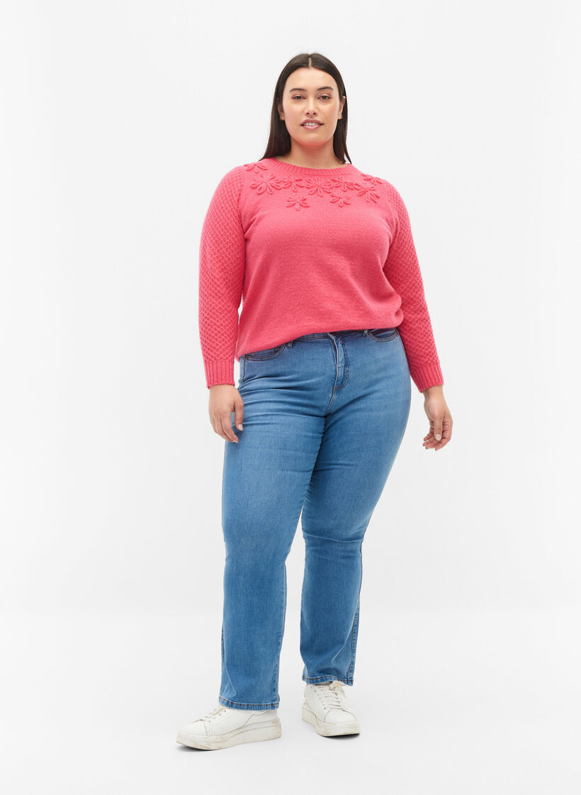 Gebreide trui met bloemendetail, Hot Pink, Model image number 3