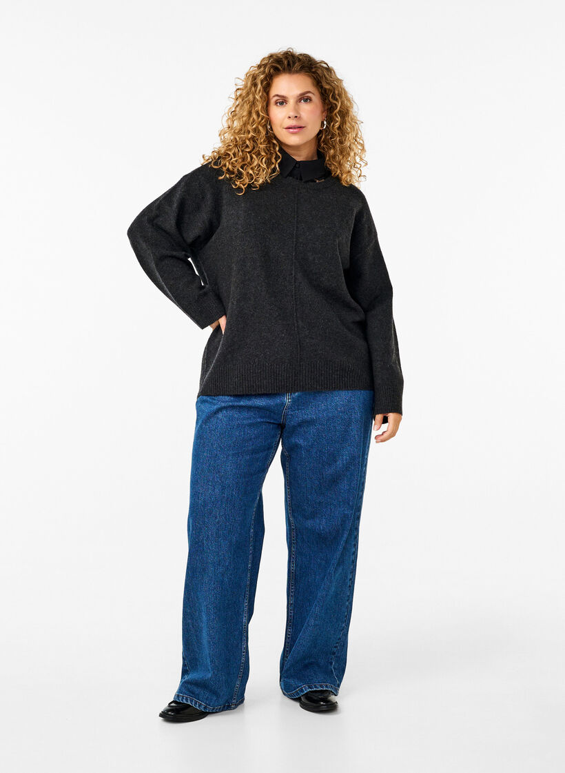 Gebreide blouse met ronde hals en middennaad, Dark Grey Melange, Model image number 2