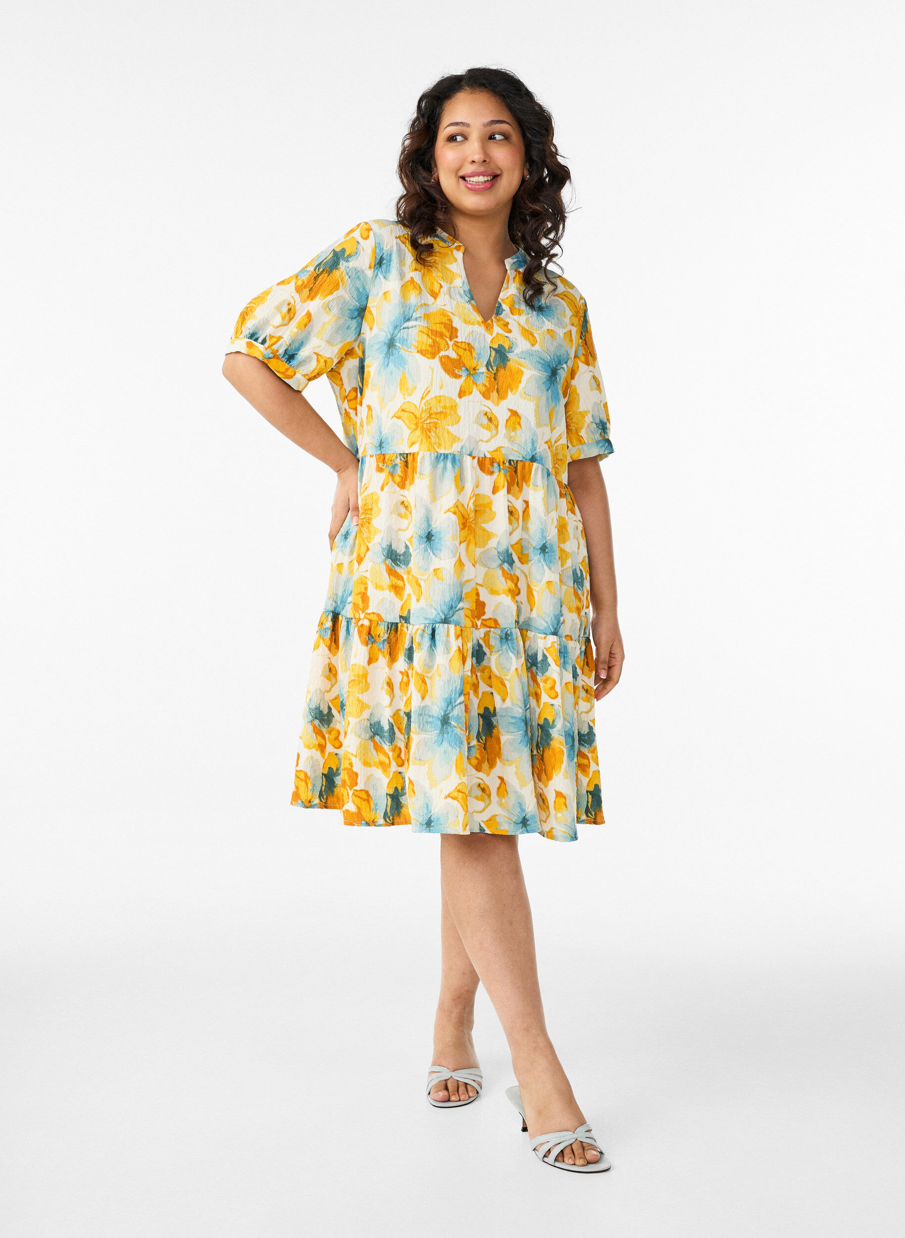 ZizziKorte A-lijn jurk, Geel, Model image number 1