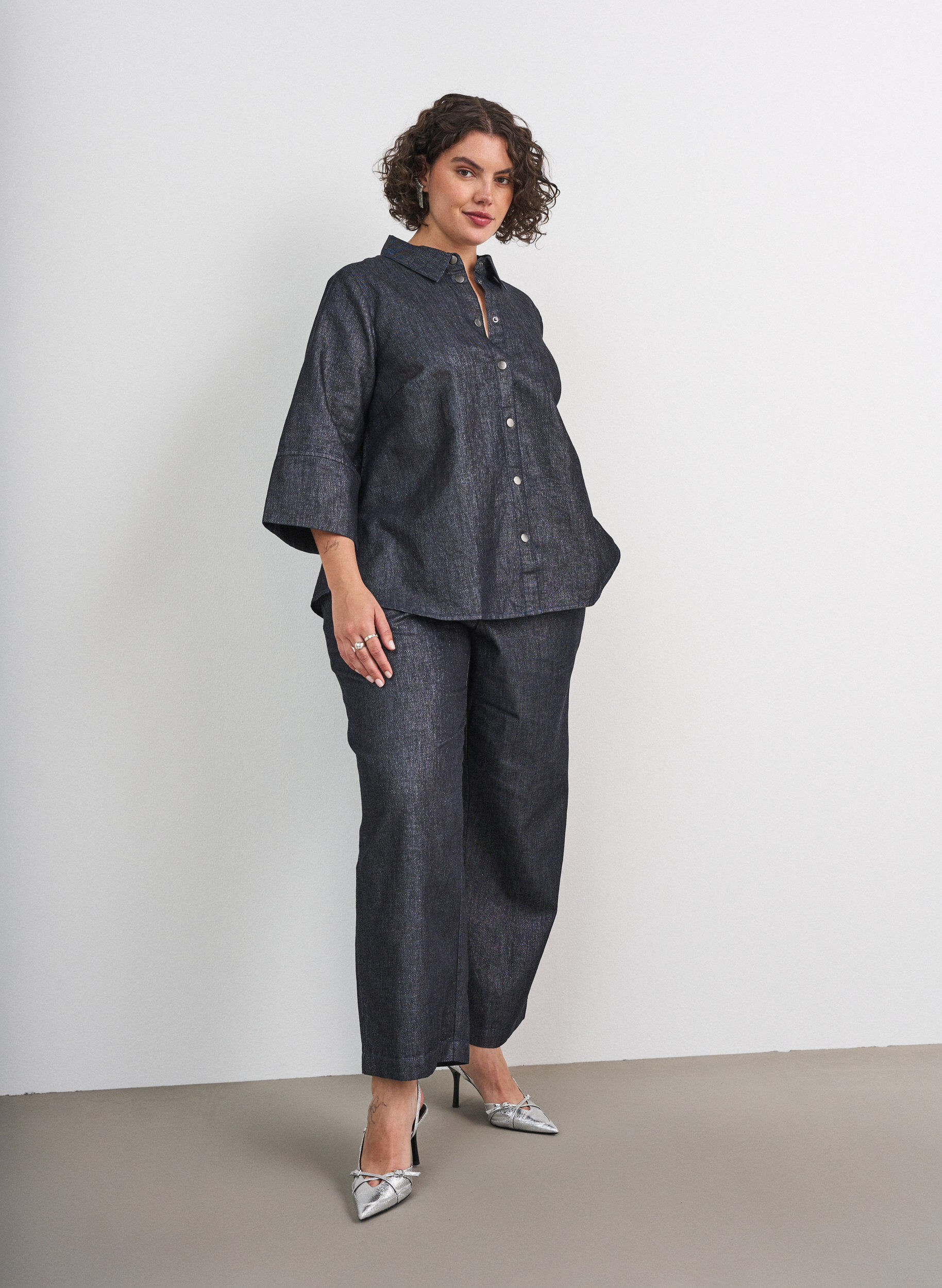ZizziDenimshirt met glitterdraad en 3/4-mouwen, Grijs, Model image number 1