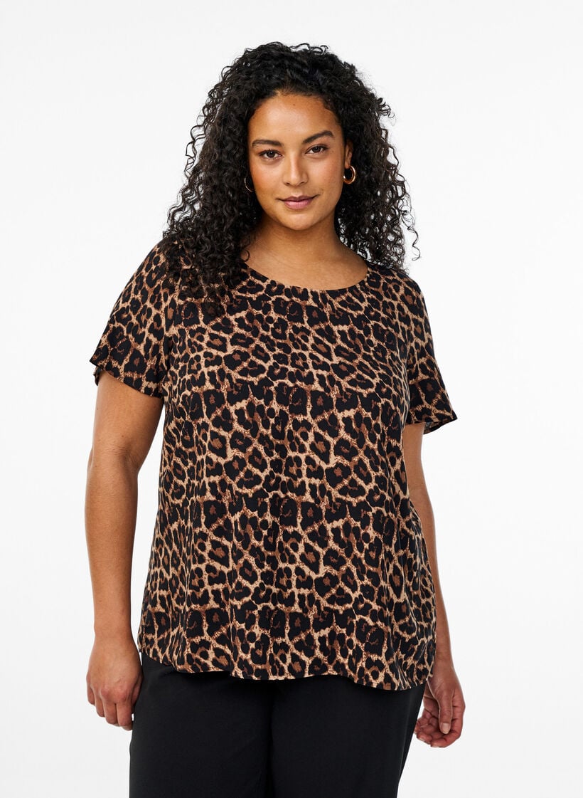 FLASH - Viscose blouse met korte mouwen en print, Bruin, Model image number 0