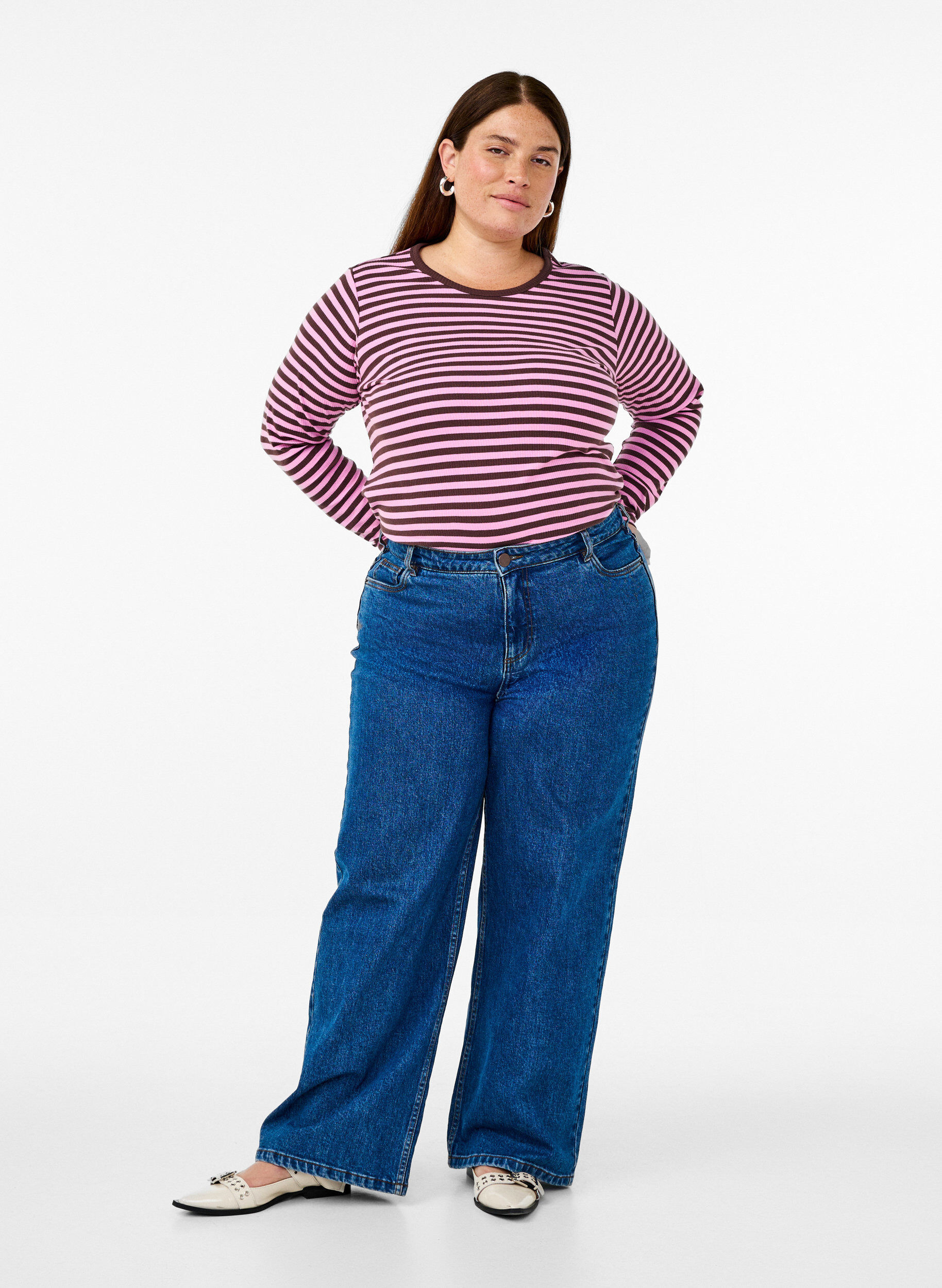ZizziGestreepte blouse met lange mouwen, Roze, Model image number 1