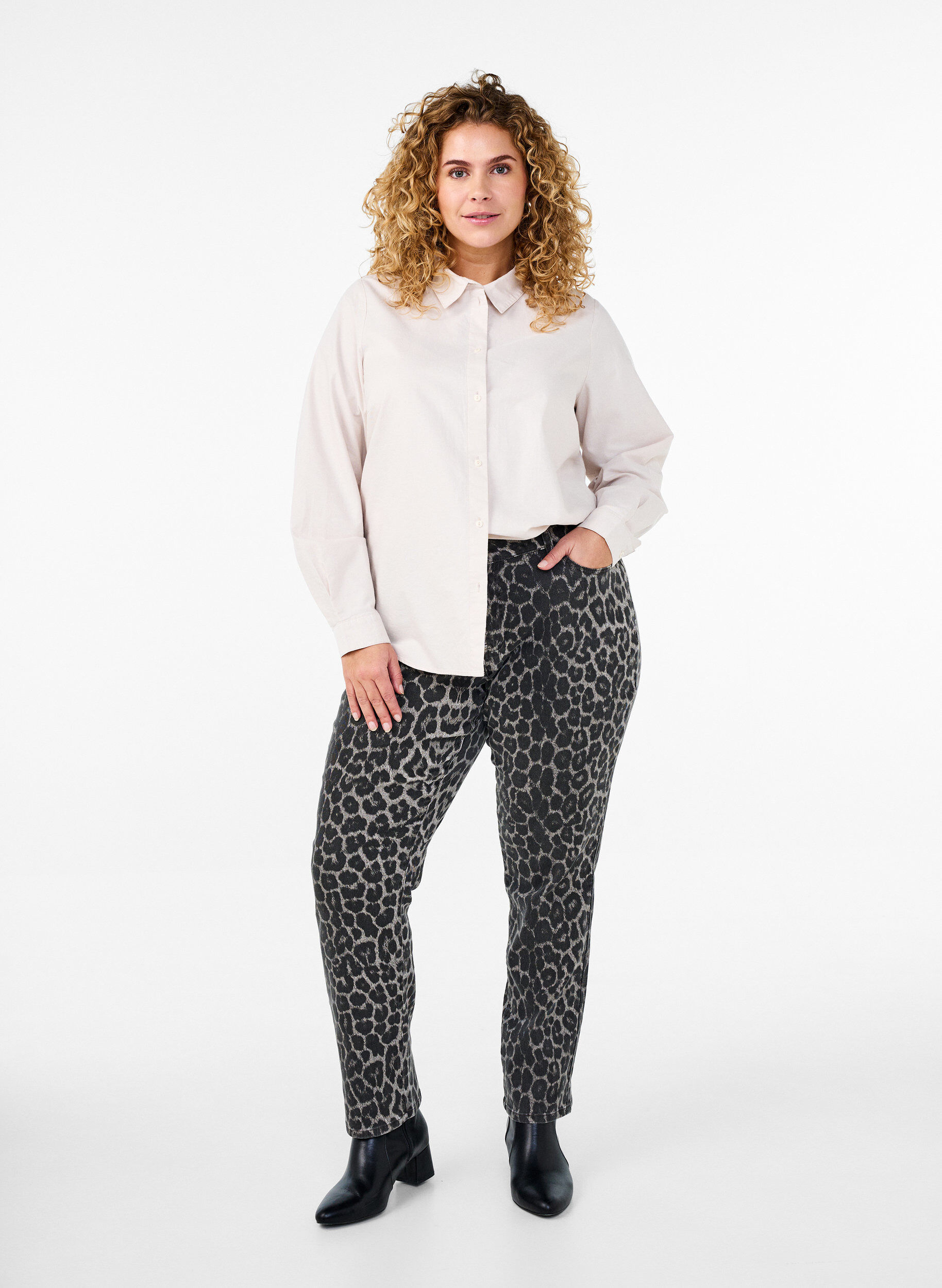 Zizzi Katoenen overhemd met lange mouwen, Beige, Model image number 1