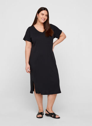 Geribbelde jurk met korte mouwen en split, Black, Model image number 2