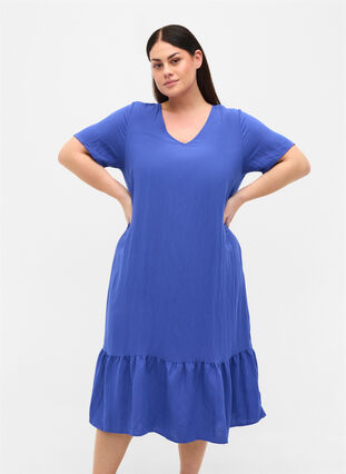 Viscose jurk met korte mouwen en v-hals, Dazzling Blue, Model image number 0