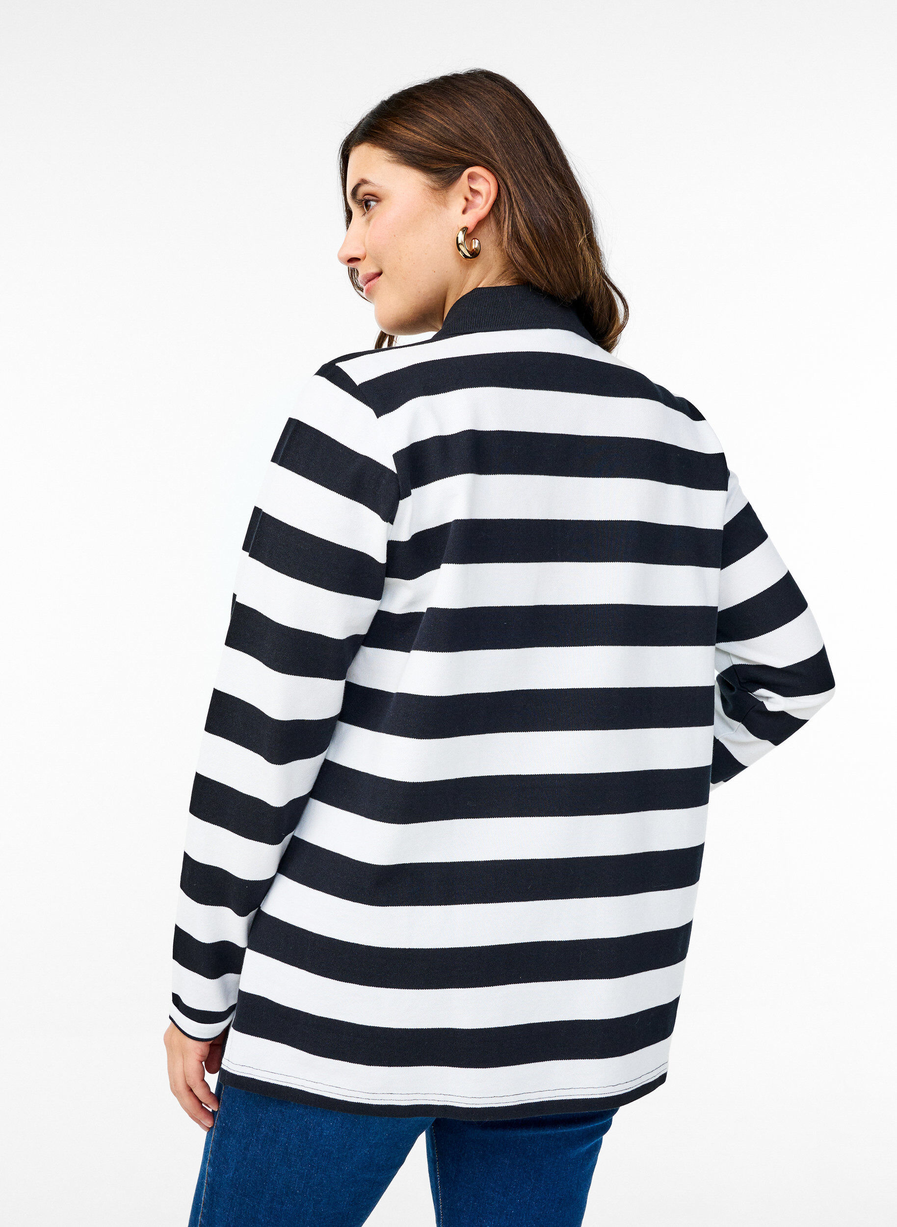 Zizzi Gestreepte polo met lange mouwen, Zwart, Model image number 2