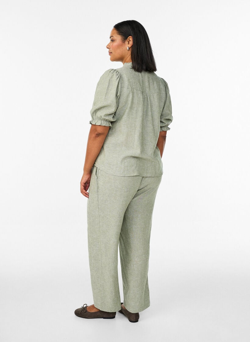 Linnen en viscose broek met losse pasvorm, Groen, Model image number 2