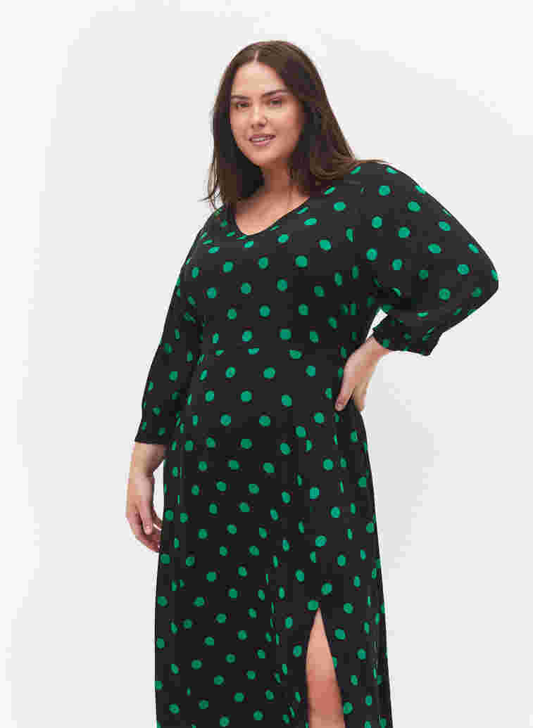 Polka stippen viscose midi jurk, Black Jol Green Dot, Model image number 2