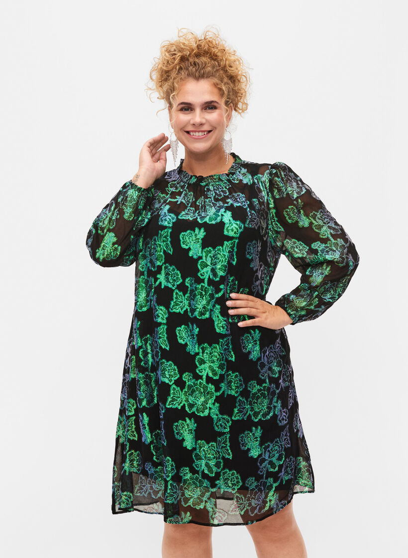Jurk van viscose met bloemen en lurex structuur, Black w. Green Lurex, Model image number 0