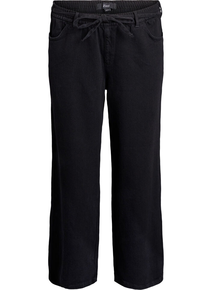 Losse pasvorm jeans met een elastische tailleband en een trekkoord, Zwart, Packshot