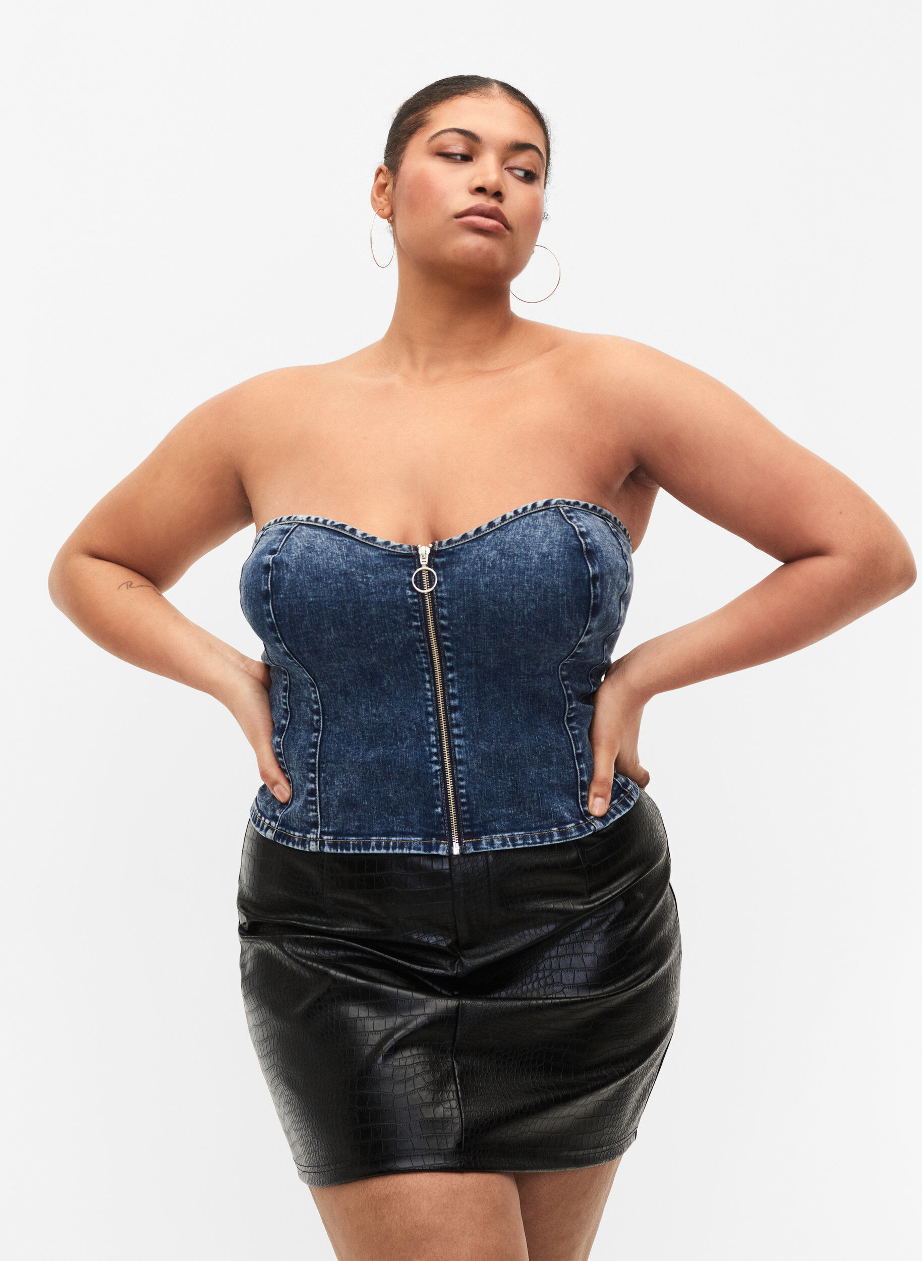 Zizzi Denim korset top met rits, Blue denim, Model image number 0