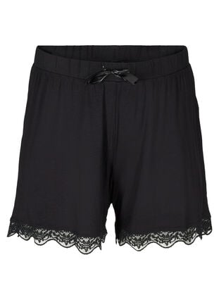 Viscose pyjama-short met kanten rand, Black, Packshot image number 0