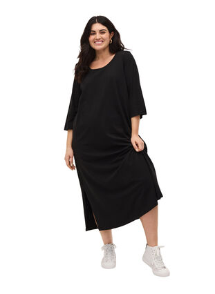 Katoenen midi-jurk met split, Black, Model image number 3