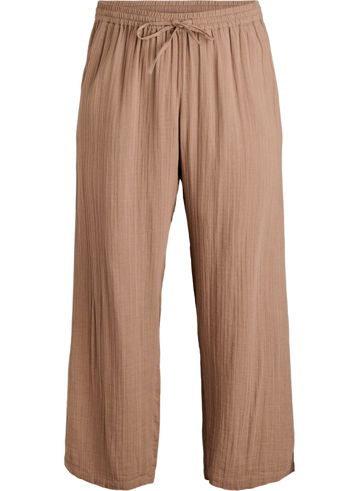 High-waist katoenen mousseline broek met losse pijpen, Bruin, Packshot image number 0