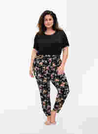 Katoenen pyjama broek met bloemenprint, Black Flower, Model