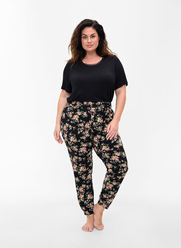 Katoenen pyjama broek met bloemenprint, Black Flower, Model image number 0
