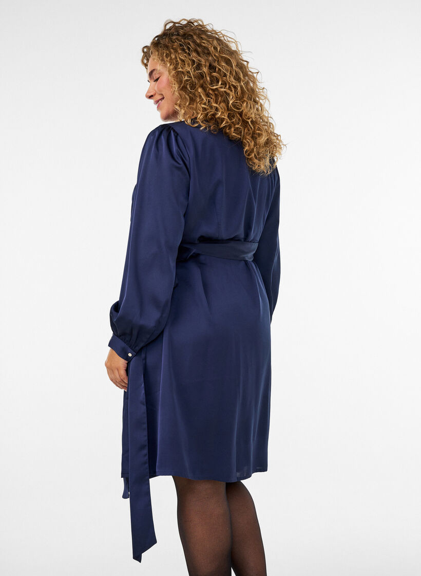 Korte satijnen jurk met wikkeldesign, Blauw, Model image number 2