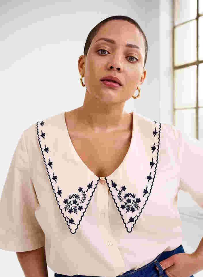 Katoenen blouse met korte mouwen en grote kraag , MotherOfPearl w.Blue, Image image number 0